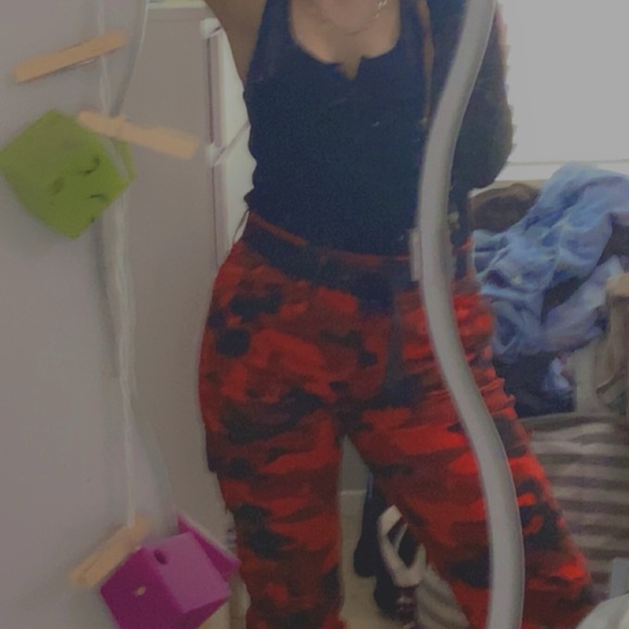 Red and Black Camo, Cargo Style Pants. Deep front pockets. Size 5-6 can fit a 7. - Picture 3 of 10